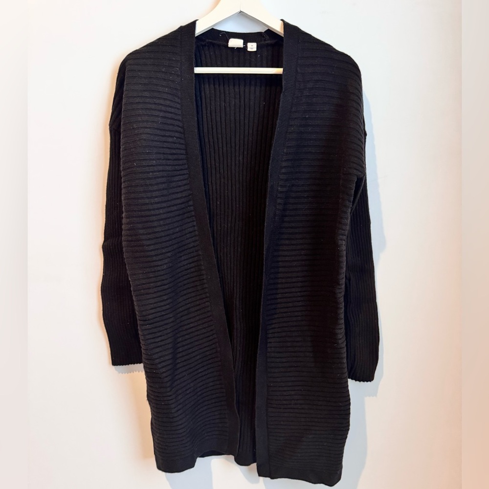 GAP Black Ribbed Merino Wool Blend Long Open Front Cardigan Size XS